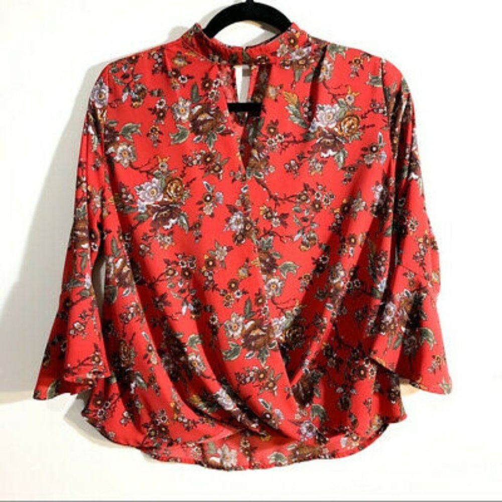 Floral Bell Sleeve Top With Choker Neckline